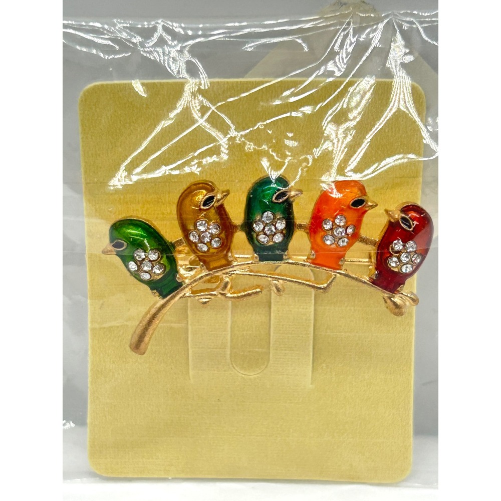 Multi Color Enamel Bird Brooch Gold Tone Rhinestone 5 Birds on Branch Pin NEW